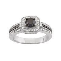 1 Carat T.W. Black &amp; White Diamond Sterling Silver Square Halo Ring